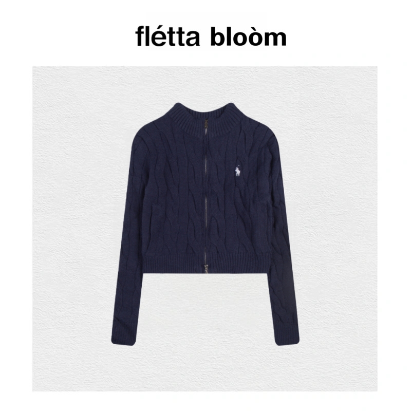 【现货】fletta bloom小马标刺绣麻花拉链毛衣绞花羊毛针织女开衫