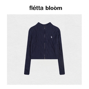 bloom小马标刺绣麻花拉链毛衣绞花羊毛针织女开衫 fletta 现货