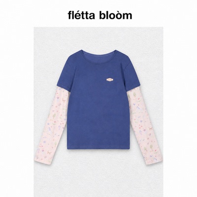 ●fletta bloom徐梦洁同款袖子拼接印花圆领长袖T恤假两件上衣