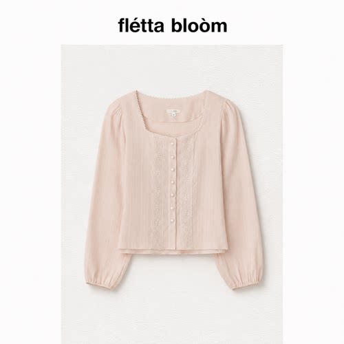 ●fletta bloom韩系ZAENIO韩国小众法式方领蕾丝花边显瘦长袖衬衫