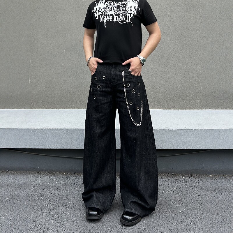 美式高街牛仔裤男宽松直筒弯刀裤
