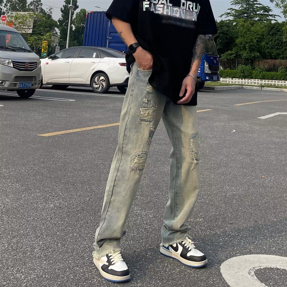 美式街头破洞贴布直筒牛仔裤男
