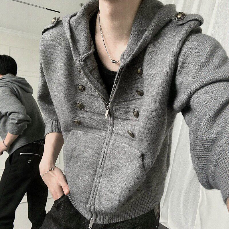 灰色拿破仑双排针织连帽卫衣男
