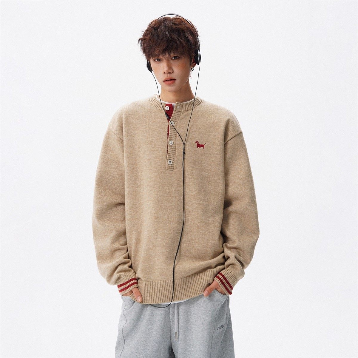 老钱风间色亨利领毛衣外套轻奢小众刺绣针织衫cleanfit慵懒风上衣