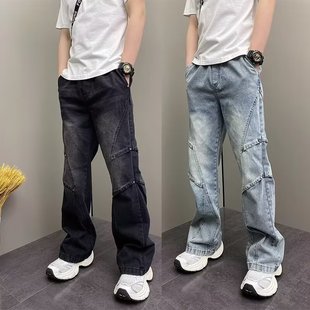 美式微喇牛仔裤男生秋冬季设计感松紧腰宽松直筒潮流百搭休闲男裤