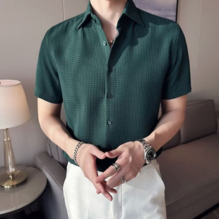 男士衬衫短袖春秋季高级感2023新款华夫格修身商务休闲大领白衬衣