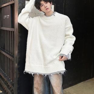 秋冬季韩系男士白色针织衫男生慵懒风高级感宽松假两件圆领毛衣男