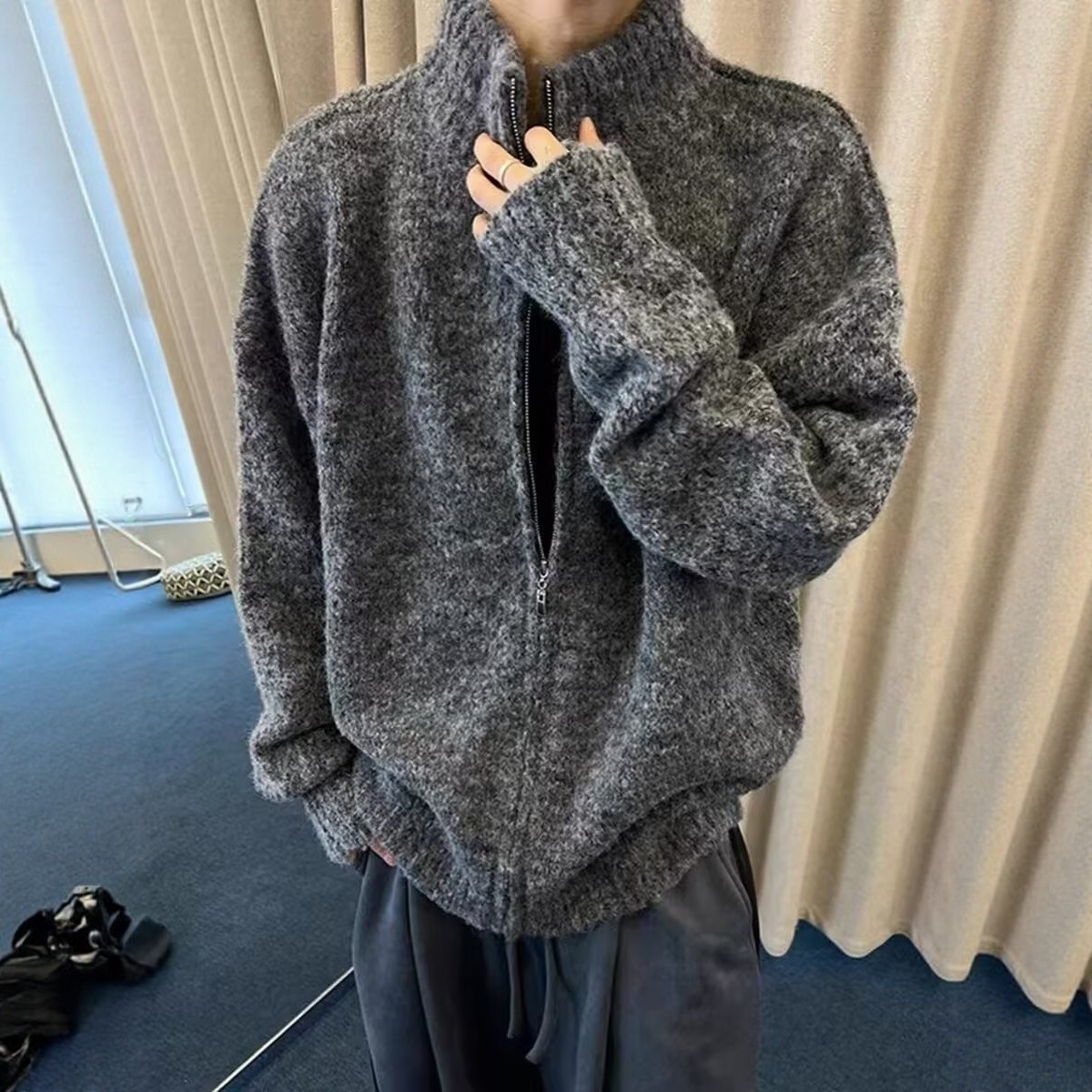 深灰色慵懒风拉链开衫毛衣外套男秋冬美式重磅立领宽松休闲针织衫
