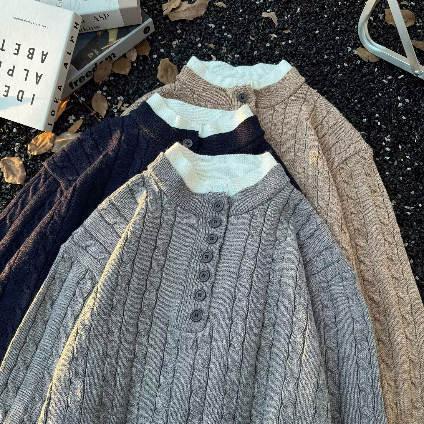 秋冬假两件毛衣男半高领提花套头青少年宽松复古高级感潮牌针织衫