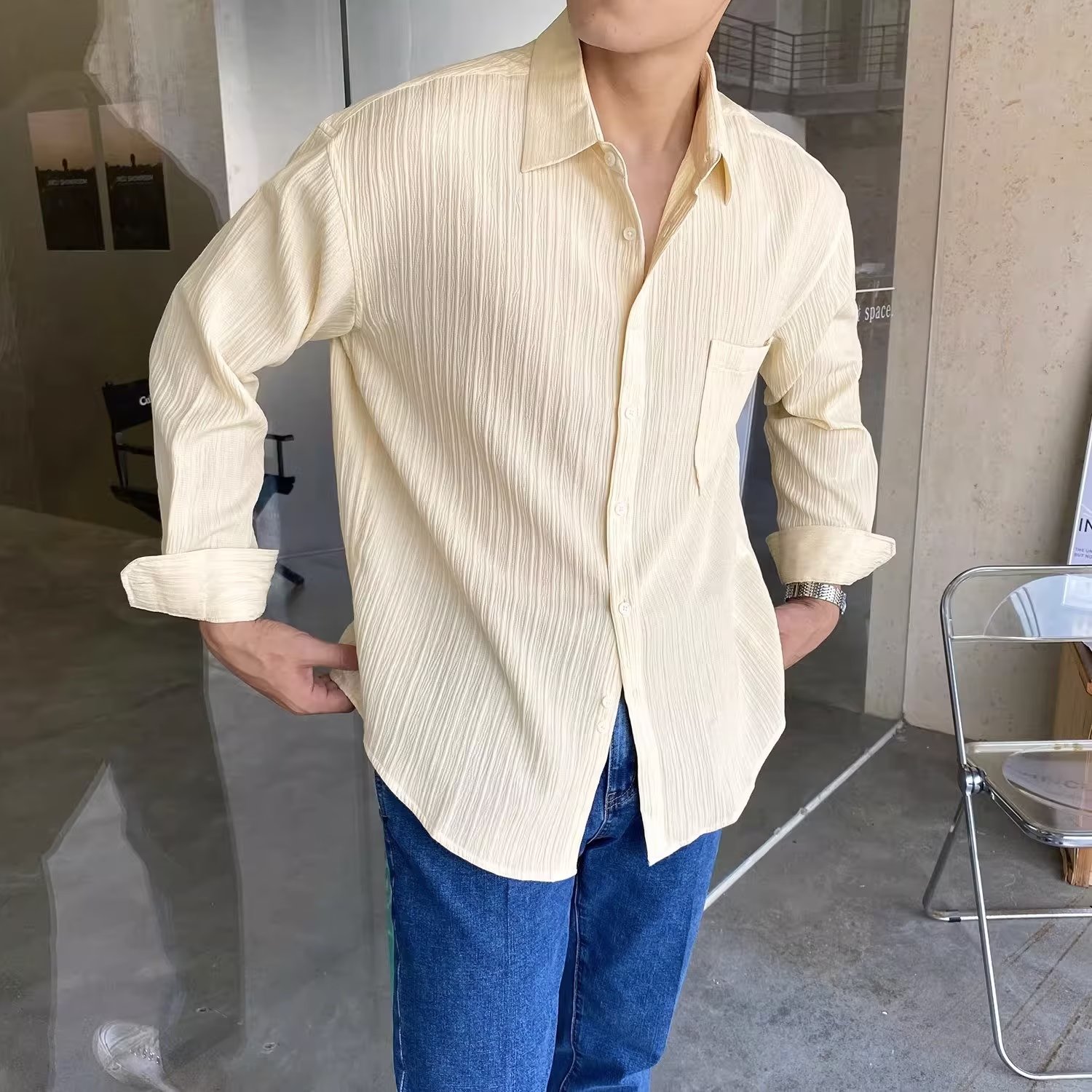 夏季衬衫男长袖韩版设计感轻奢风休闲宽松条纹褶皱衬衣男薄款上衣