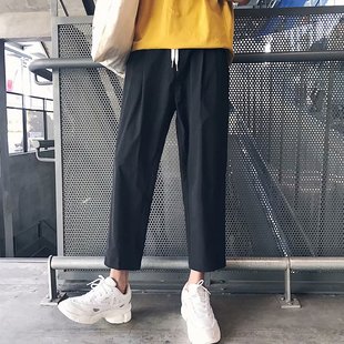 冰丝裤子男ins百搭坠感阔腿裤宽松超火cec直筒垂感空调超薄九分裤