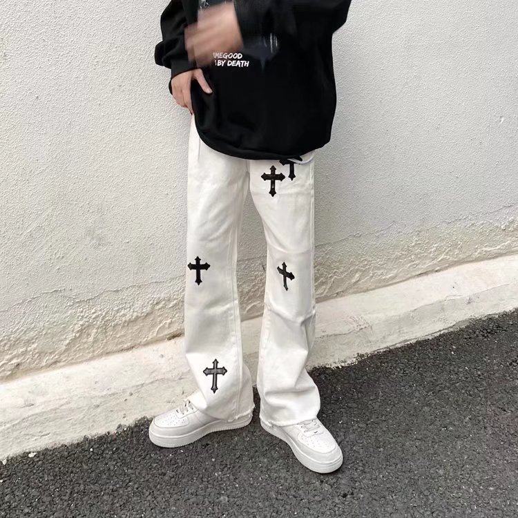 非潮勿近高街美式vibe风微喇十字架宽松牛仔裤潮牌嘻哈炸街裤子男