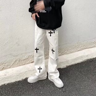非潮勿近高街美式vibe风微喇十字架宽松牛仔裤潮牌嘻哈炸街裤子男