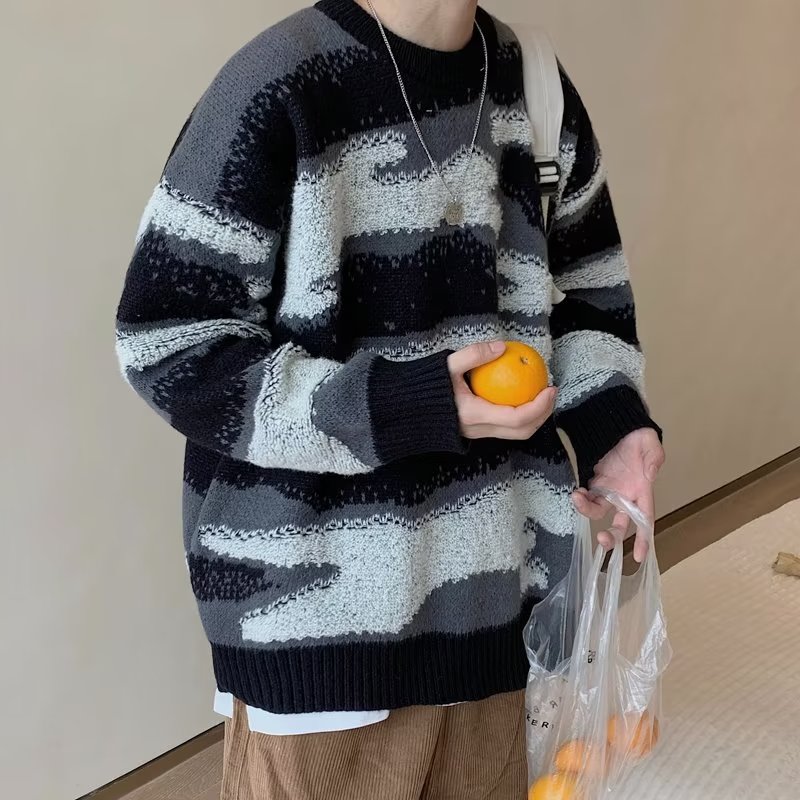 慵懒风日系复古毛衣男秋冬款撞色拼接圆领套头线衣学生针织衫外套