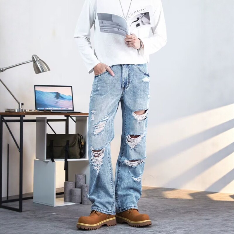 破洞牛仔裤男款乞丐裤水洗浅色