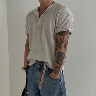 健身显肌肉T恤POLO衫 亨利领华夫格短袖 针织速干条纹宽松cleanfit