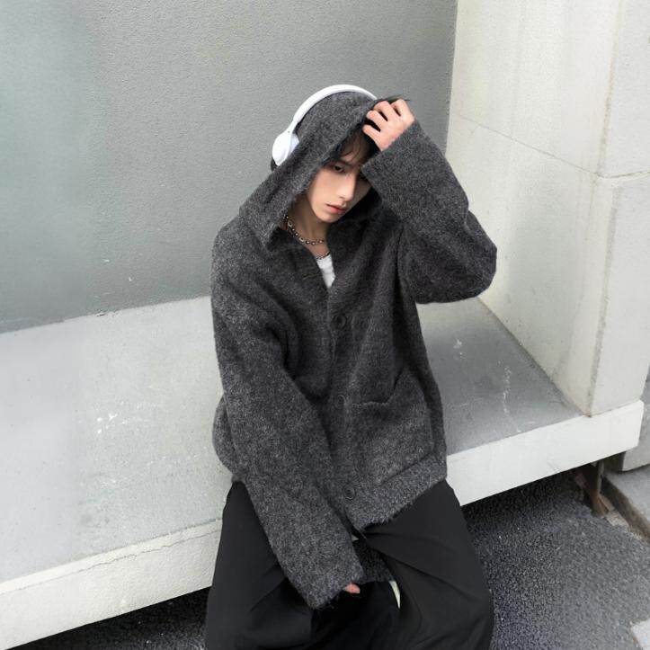 高街潮牌深灰色开衫毛衣男高级感慵懒宽松百搭休闲连帽针织衫外套