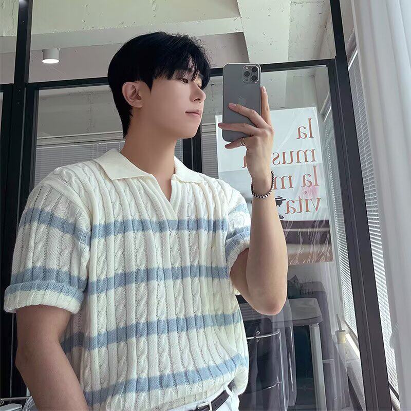 夏季白色粗麻花针织Polo衫短袖T恤男韩系设计感小众宽松半袖上衣