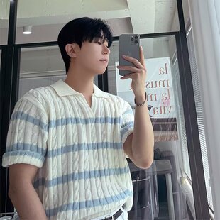 夏季白色粗麻花针织Polo衫短袖T恤男韩系设计感小众宽松半袖上衣