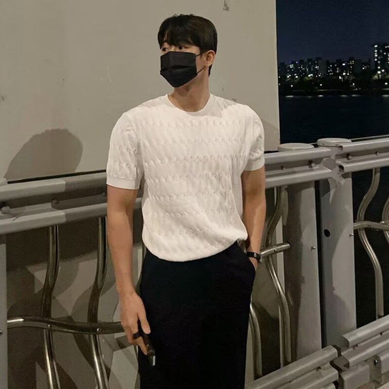 夏季短袖T恤男冰丝针织衫韩版宽松圆领复古休闲麻花半袖体恤上衣