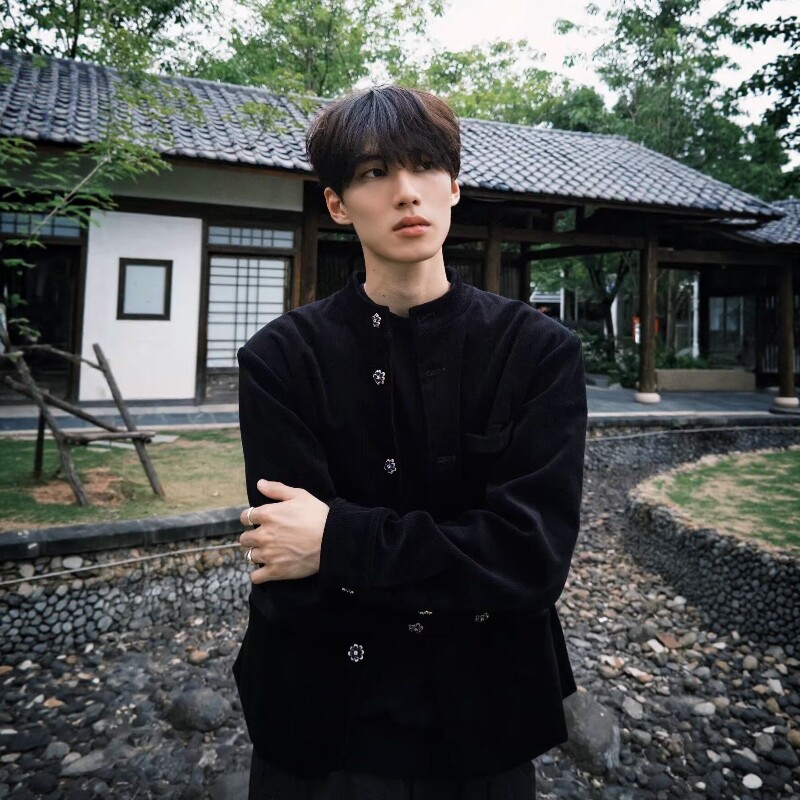 黑色高质感灯芯绒优雅新贵风立领西装夹克外套男女款新中式中山装
