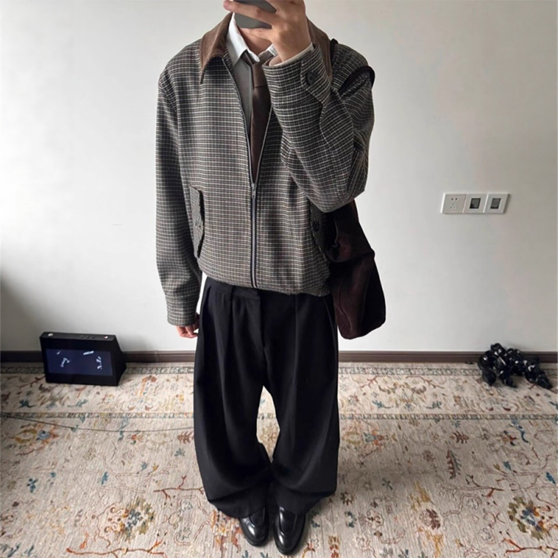 千鸟格翻皮领短款外套男款美式哈灵顿廓形夹克设计感早秋穿搭上衣