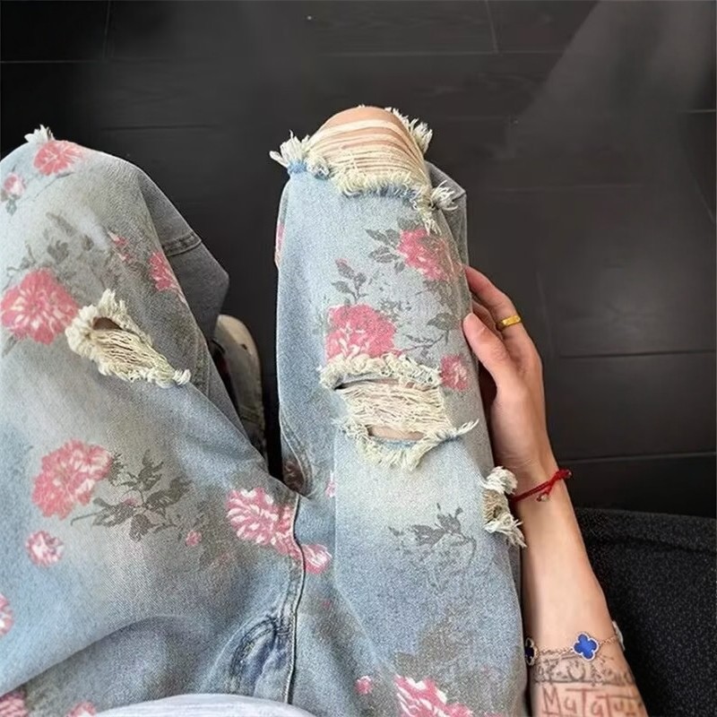 高街花卉破洞牛仔裤男女夏季潮牌