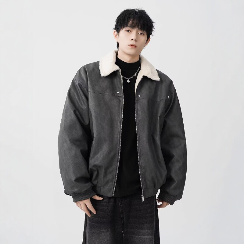 美式咖色飞行员棉服男冬美拉德加厚羊羔绒棉衣潮牌翻领皮夹克外套