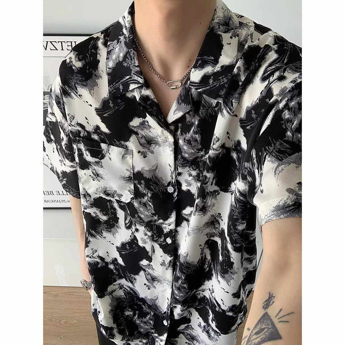水墨扎染冰丝短袖衬衫男夏季新中式国风外套高级感复古七分袖衬衣