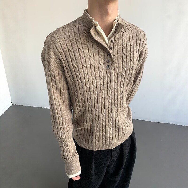 卡其色编织麻花亨利领针织衫男款秋冬美式复古假两件宽松套头毛衣