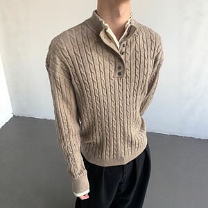 卡其色编织麻花亨利领针织衫男款
