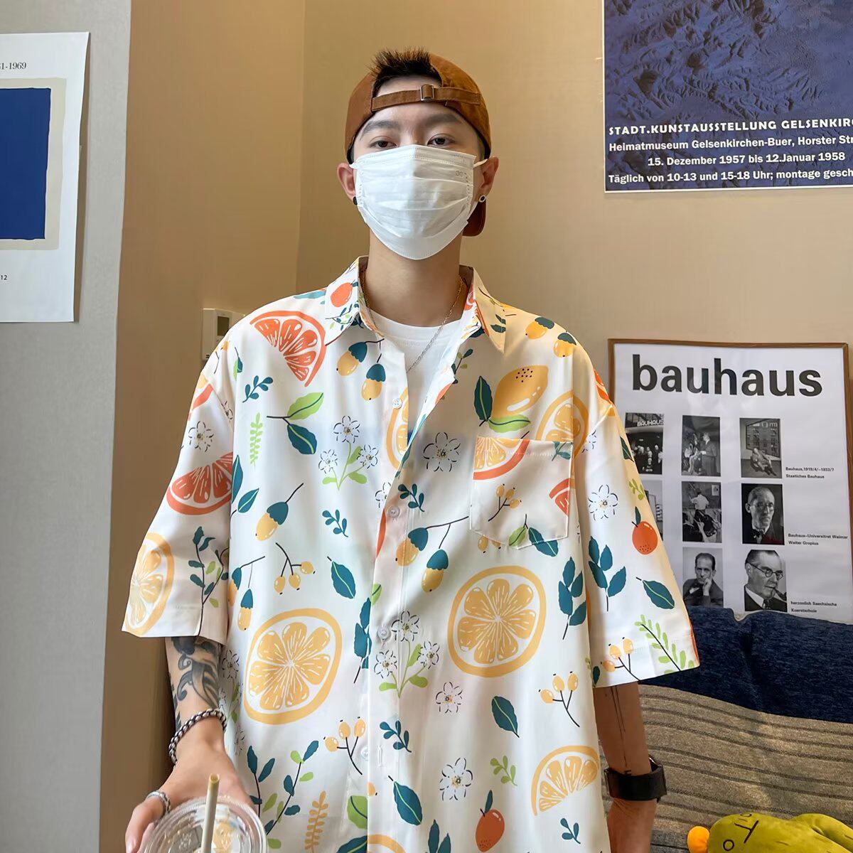 日系复古chic宽松情侣柠檬印花衬衫潮流百搭休闲男女短袖碎花衬衣