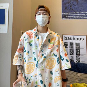 日系复古chic宽松情侣柠檬印花衬衫潮流百搭休闲男女短袖碎花衬衣