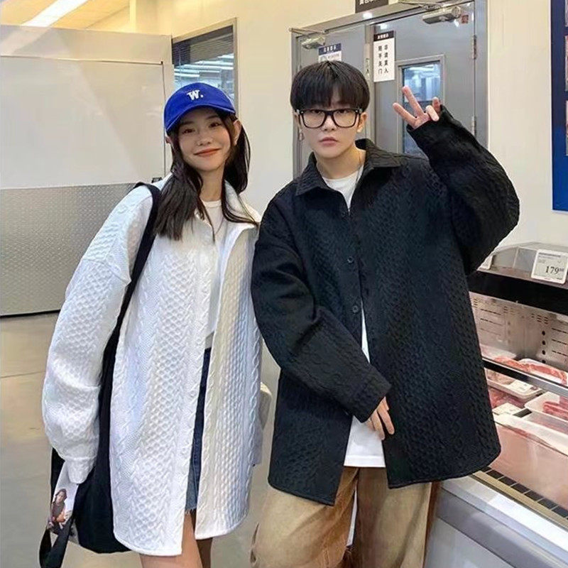 华夫格长袖衬衫男春季港风日系设计感小众衬衣宽松潮流情侣外套男