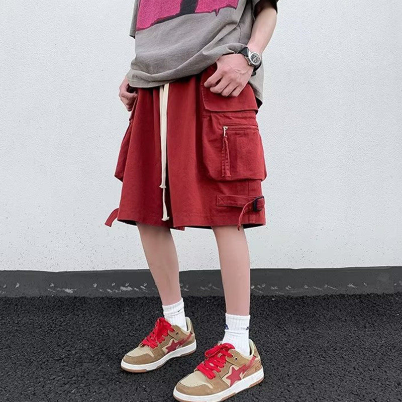 红色多口袋伐木工装短裤男潮牌休闲登山耐磨小个子6分裤子夏薄款