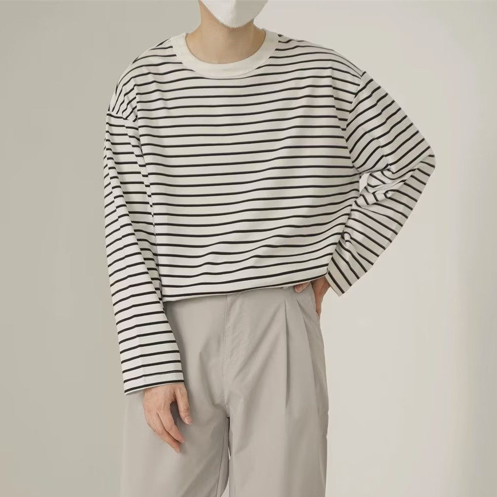 秋季新款条纹圆领长袖t恤男潮牌休闲宽松学生百搭韩版打底衫上衣