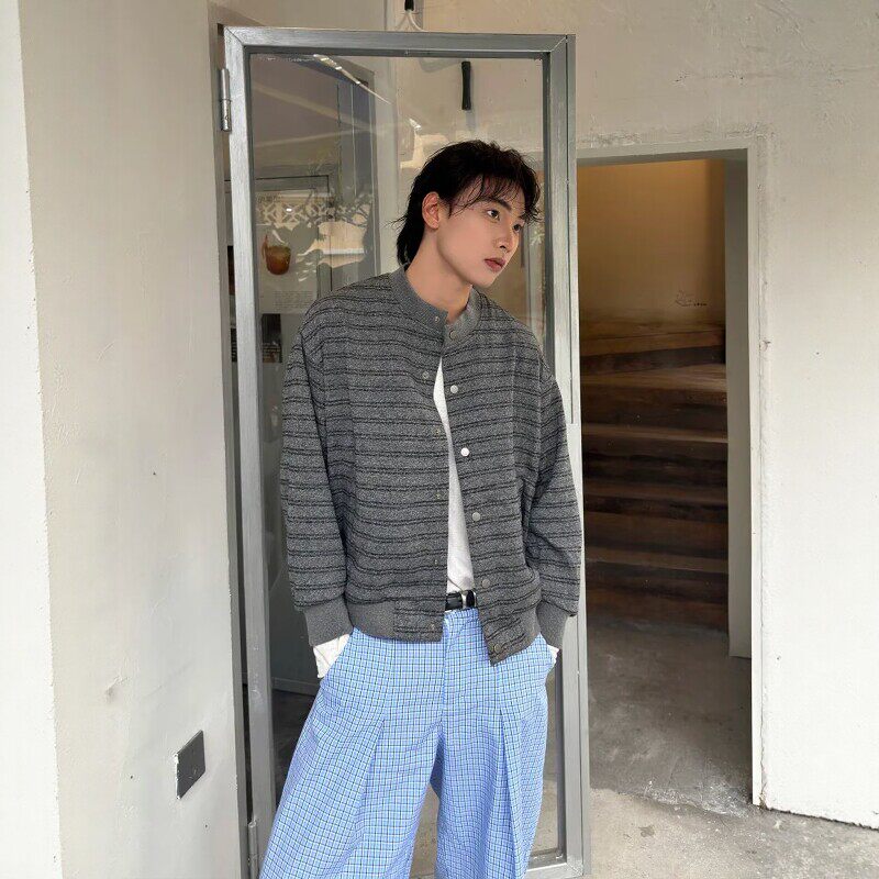 美式深灰色条纹夹克外套男款秋季