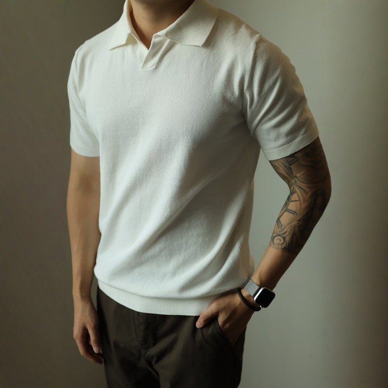 轻奢高级感纯色V领针织POLO衫美式复古马球翻领T恤春夏短袖男士潮