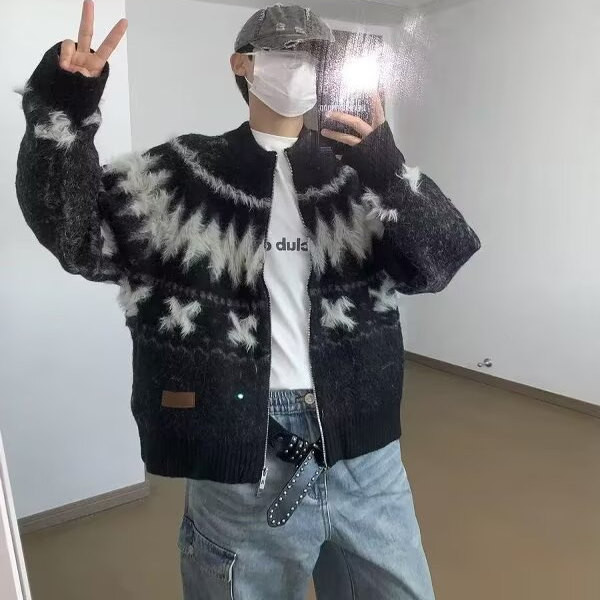 美式复古撞色费尔岛提花针织开衫