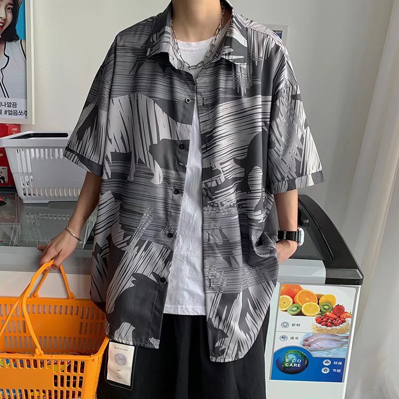 蓝色海豚印花短袖衬衫男夏季冰丝