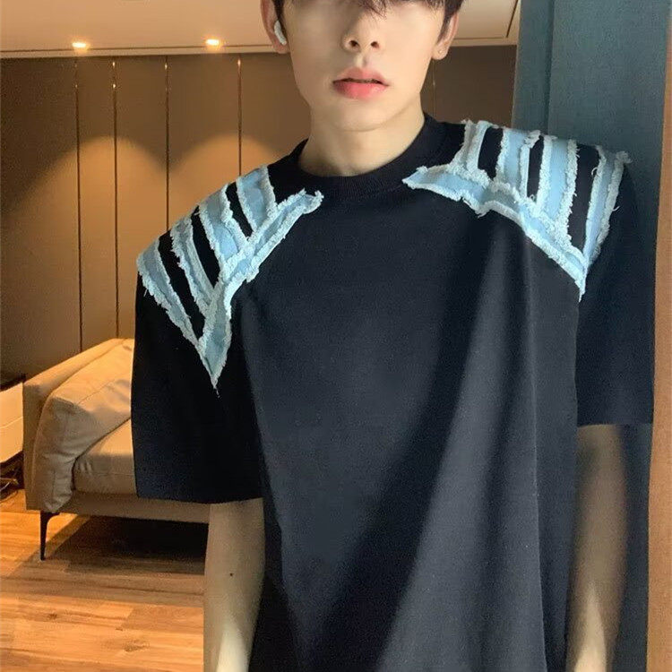 韩系ins设计感穿搭牛仔毛边短袖cleanfit潮牌时尚气质风五分袖T恤