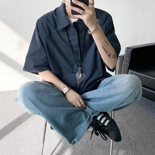 美式复古格子衬衫男短袖夏季潮流痞帅宽松半袖学生休闲衬衣外套男