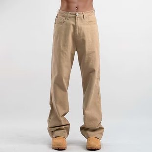 潮牌美式复古卡其色休闲工装水洗裤男2025春秋新款宽松直筒牛仔裤