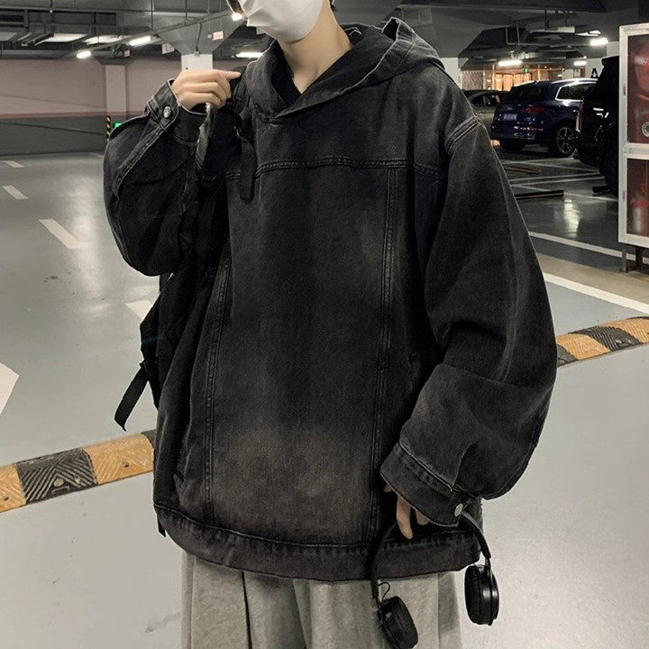 黑色做旧牛仔卫衣男潮牌痞帅水洗