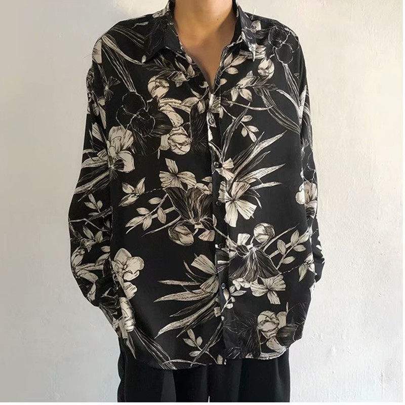 坠感黑花衬衫男oversize潮流高级感雪纺复古港味暗黑系设计感衬衣