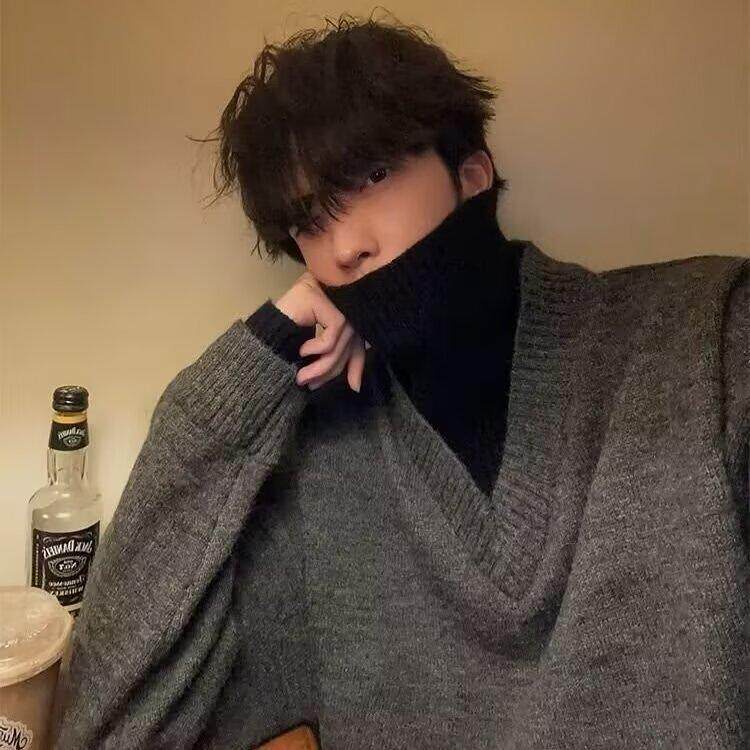 学院风假两件高领毛衣男款秋冬高级感慵懒针织衫美式V领套头上衣