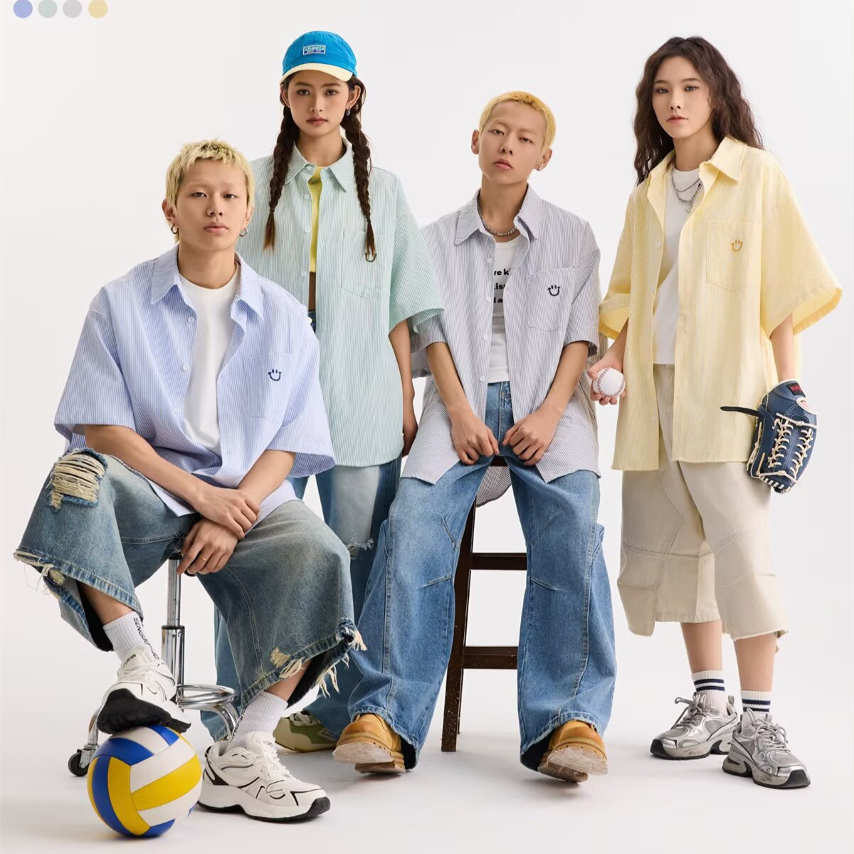笑脸刺绣短袖衬衫男女夏季多巴胺