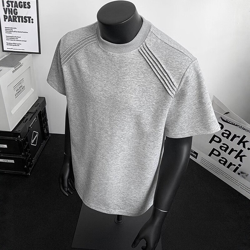 美式正肩t恤短袖男夏季冰感曼巴棉重磅弹力修身小领口体恤衫打底