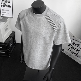 美式正肩t恤短袖男夏季冰感曼巴棉重磅弹力修身小领口体恤衫打底