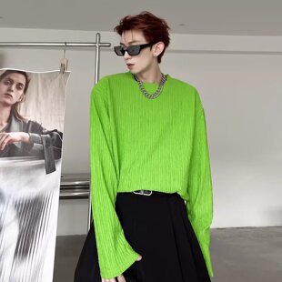 韩国INS高级感宽松长袖男女肌理感T恤免烫垂感百搭纯色打底衫圆领